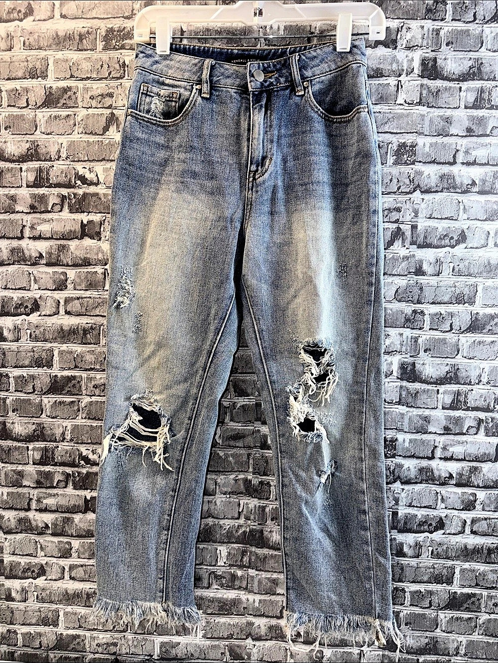 Kendall & Kylie Distressed Straight Leg Jeans in Blue Waist 24